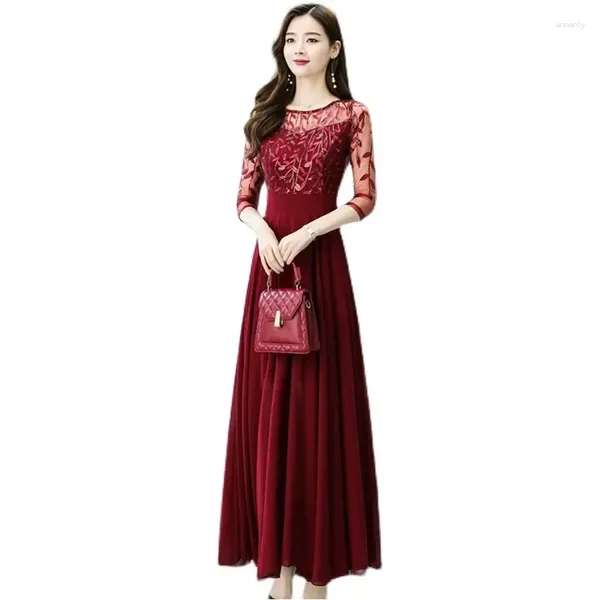 Vestidos casuales 2023 elegante simple verano vestido rojo temperamento de mujer cintura delgada mostrar gran swing malla bordado empalme dres