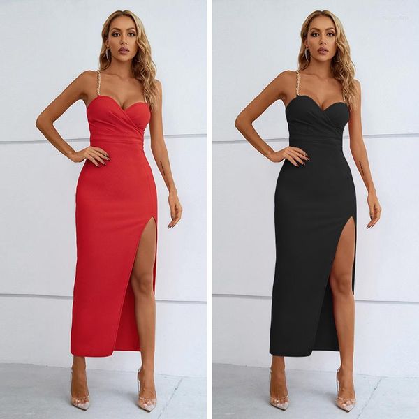 Robes décontractées 2023 Élégant V Camisole Bodycon Slim Bandage Robe Rayonne Sans Manches Chaîne Mode Long Style Split Celebrity Soirée Soirée