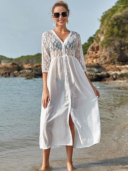 Vestidos casuales 2023 elegante encaje blanco patchwork algodón largo kimono cardigan más tamaño playa desgaste mujeres tops y blusa camisa sarong q1073