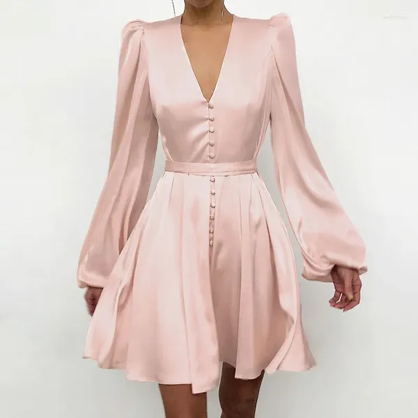 Robes décontractées 2023 Femmes élégantes Bouton A-Line Mini Dres Printemps Mode Satin Rose Robes à manches longues Lâche V-Col Robe de soirée Robe