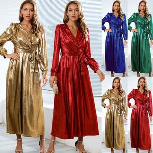 Robes décontractées 2023 Automne Hiver Style Cheville Longue Sexy Élégant Col En V Mince Ceinture Bronze Brillant Fête Fête Robe De Noël