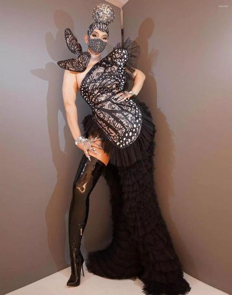 Robes décontractées 2023 Mode Noir Une épaule Papillons Mini Robe Discothèque Bar Dancer Outfit Stage Wear