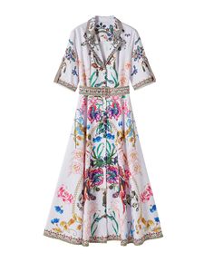 Robes décontractées 2023 Designer de mode Piste Cristal Perles Robe d'été Femme Col Encoché Imprimé Floral Simple Boutonnage Long Robes