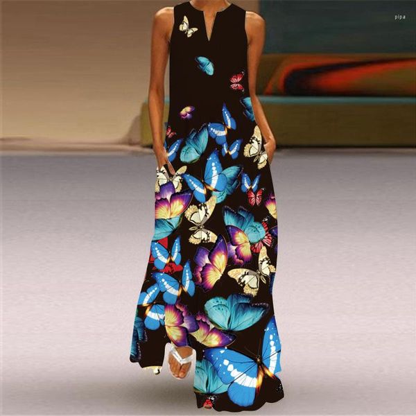 Vestidos casuales 2023 Moda Estampado de flores Vestido azul Verano Playa Vintage Mujer larga Sin mangas Cómodo Maxi