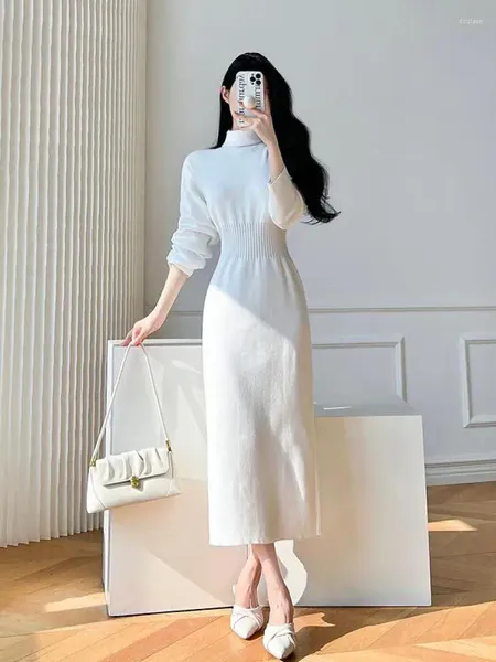 Vestidos casuales 2023 moda coreana blanco alto cuello tejido suéter cálido vestido otoño invierno femenino negro retro cintura delgada largo simple