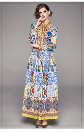 Robes décontractées 2023 mode piste Maxi robes printemps femmes à manches longues bleu et blanc porcelaine imprimé fleuri robe longue de vacances
