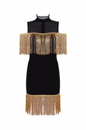 Vestidos casuales 2023 Moda Sexy Gold Tassel Celebrity Style Venta al por mayor Evening Party Club Black Women Bandage Dress