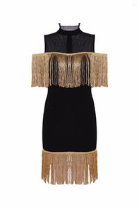 Vestidos casuales 2023 Moda Sexy Gold Tassel Celebrity Style Venta al por mayor Evening Party Club Black Women Bandage Dress