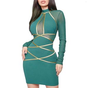 Robes décontractées 2023 mode Sexy maille Patchwork transparent vert crayon robe femmes à manches longues col rond moulante Mini pour Club fête