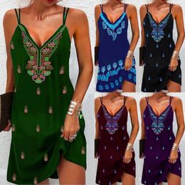 Abiti casual 2023 Moda Estate Donna Boho Sling Stampa Abito con scollo a V Party Sexy senza maniche Corto femminile e in tessuto da donna