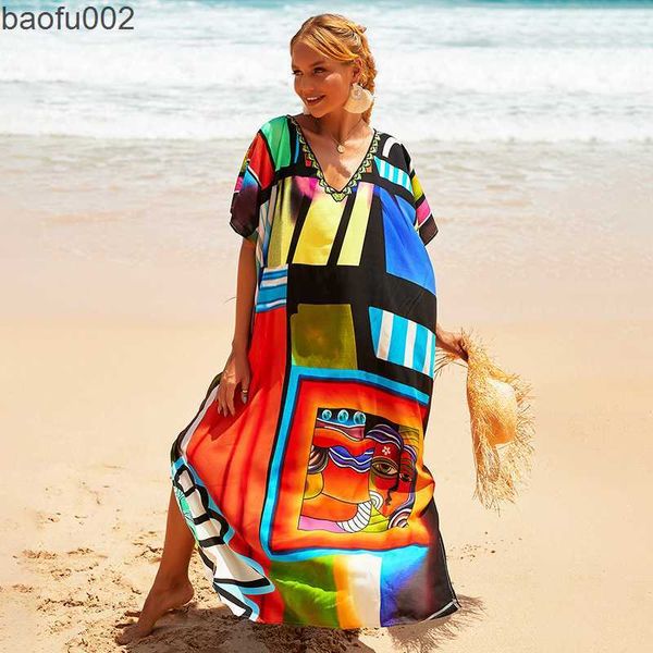 Vestidos casuales 2023 Moda Traje de baño Cover-up Kaftan Bohemio Boho Maxi Vestido Algodón Verano Vestidos Mujer Verano Kimono Mujer W0315