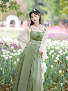 Robes décontractées 2023 mode vêtements pour femmes style chinois rétro vert sangle surchemise modifiée Hanfu robe