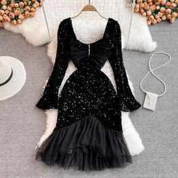 Casual jurken 2023 Fashion Women Bling Black White Mermaid Evening Mesh Patchwork Dress Luxury Formeel voor bruiloftsfeest