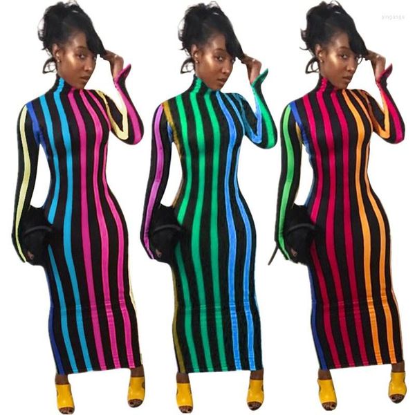 Vestidos casuales 2023 falda larga de otoño para mujer moda calle tendencia raya impresión Digital multicolor cómodo cuello alto apretado