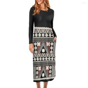 Casual Jurken 2023 Vrouwelijke Bloemen Maxi Polynesische Tribal Zwart Wit Tapa Masi Doek Print Custom Hoge Kwaliteit Herfst Jurk Voor Dames