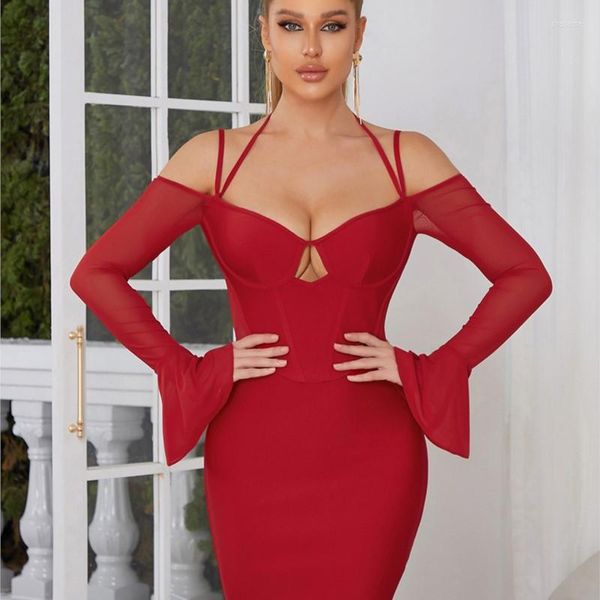 Robes décontractées 2023 Flare rouge à manches longues en gros femmes robe mode col en v pansement Mini Sexy découpé fête Club Vestidos