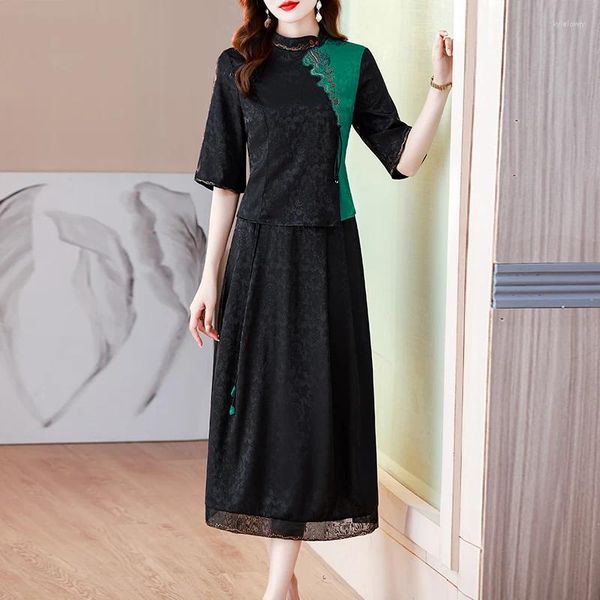 Robes décontractées 2023 fil de nuage parfumé femme deux pièces chinois vintage brodé véritable costume de soie demi-jupe haut de gamme banquet maman