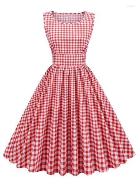 Robes décontractées 2023 vichy des années 1950 Pinup Rockabilly coton pour les femmes robe d'été à col rond sans manches taille haute Plaid plissé robe Vintage