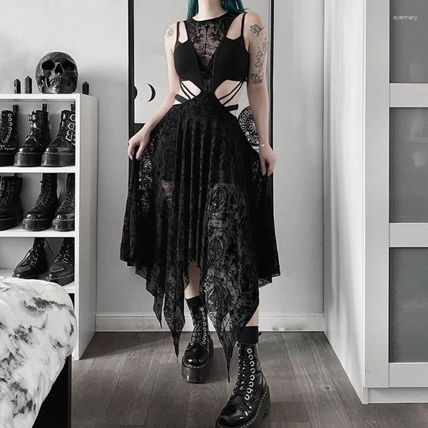 Vestidos casuales 2023 Gothic Mesh Patchwork Sexy Grunge Estética Irregular Hollow Out Vestido Punk Emo Mujeres Flocado Alt Outfit