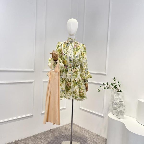 Robes décontractées 2023 vert imprimé fleuri soie lin haute qualité longue lanterne manches boutons volant à lacets femme Mini robe
