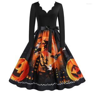 Casual jurken 2023 Halloween Pumpkin Print Big Swing Dress Temperament Slim Sexy Gothic Punk Rave Vestidos