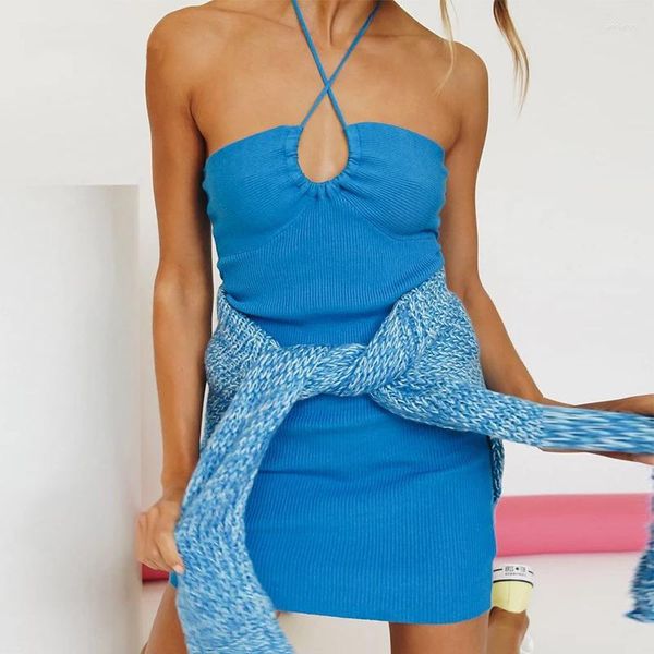 Vestidos casuales 2023 Halter Neck Mesh Bodycon Dress Mujer Azul Sin espalda Fuera del hombro Verano Naranja Sexy Beach Mini Party Y2k