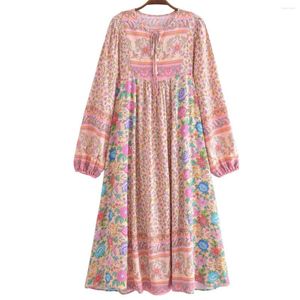 Robes décontractées 2023 vacances plage Robe BOHO couture rose fleur imprimé Midi longue Robe femme pleine lanterne manches