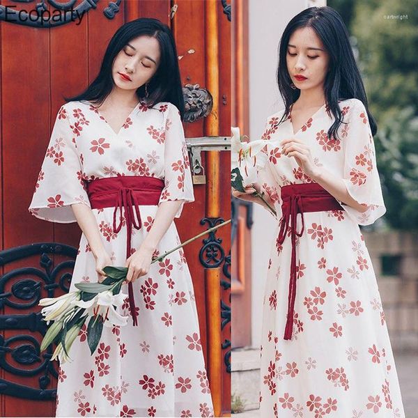 Vestidos casuales 2023 Kimono japonés mejora la gasa para las mujeres elegante cuello en V estampado de flores de cerezo dulce vestido de manga corta a la rodilla