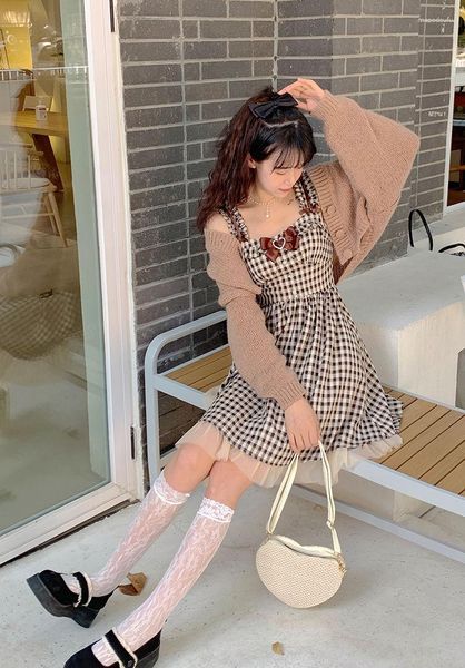 Robes décontractées 2023 japonais Lolita Kawaii robe femmes été nœud Patchwork Plaid Y2k sangle mode coréenne une pièce taille haute