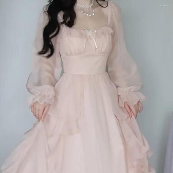 Robes décontractées 2023 Style coréen robe à manches évasées été rose en mousseline de soie Vintage doux femmes a-ligne Franch élégant fête Midi femme