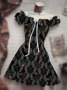 Casual jurken 2023 Lace Horror Night Halloween kostuum lange jurk Hawaiian Boho korte mouw pompoenschedel 3D