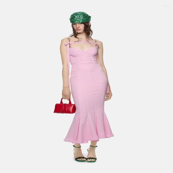 Vestidos casuales 2023 Lady Pink Chain correa de espagueti vendaje vestido sin espalda ahueca hacia fuera con falda de cola de pez moda dulce ClubParty vestido