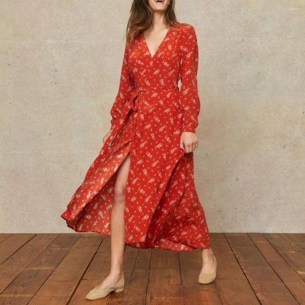 Robes décontractées 2023 dernière collection soie haute qualité rouge petit lacet floral taille à manches longues robe mi-longue portefeuille