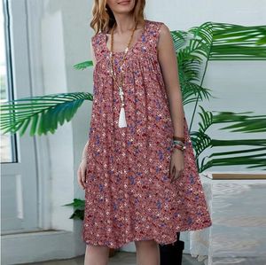 Vestidos casuales 2023 Vestido de ocio Mujeres O Cuello Sin mangas Suelto Estampado floral Dresse Beach Maxi Boho Midi Ropa