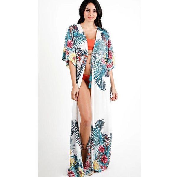 Vestidos casuales 2023 Kimono largo Cardigan Tallas grandes Ropa de playa Ropa Bohemia Estampado floral con cinturón Túnica de algodón Wome Tops y blusa N1053
