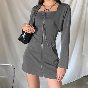 Robes décontractées 2023 à manches longues Streetwear sauvage solide femme Mini robe femmes automne mode mince Cool fermeture éclair chaîne gris