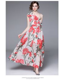 Casual jurken 2023 Een schouder Boheemain lange jurk zomervrouwen kleerbaan ruches schuine roze bloemen print sjof chiffon jurk
