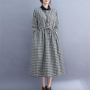 Casual jurken 2023 Patchwork Korea stijl katoen linnen mode plaid herfst jurk tabel touw kantoor dame werk vrouwen lente