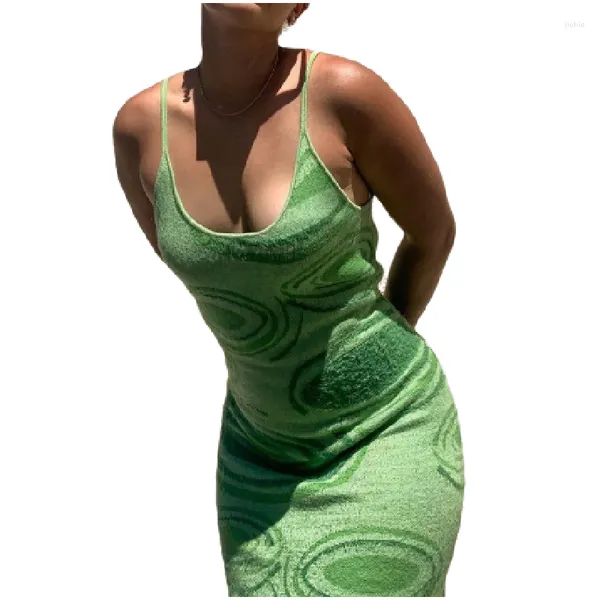 Robes décontractées 2023 Imprimer Robe moulante en tricot Femmes Vert Summer Hollow Out Sexy Sans manches Spaghetti Strap Beach Midi Party Long
