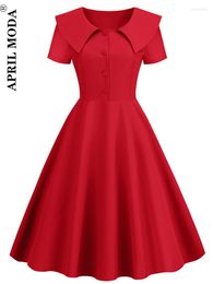 Vestidos casuales 2023 rojo 50s 60s mujeres Vintage cintura alta vestido de fiesta manga corta Chic Simple pasarela Rockabilly túnica diaria