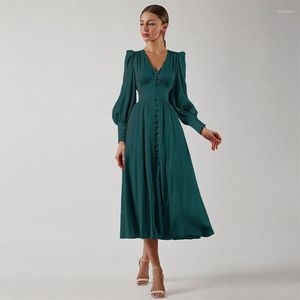 Vestidos casuales 2023, vestido Retro para mujer, cintura alta, cuello en V, jersey largo de satén sólido para mujer, Top de moda XS-XL