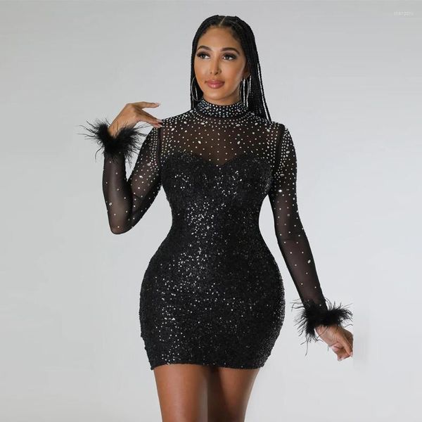 Vestidos casuales 2023 Transparente Cuello redondo Rhinestone Costura Lentejuelas Manga larga Vestido estrecho Fiesta Night Club Estilo Mini Corto