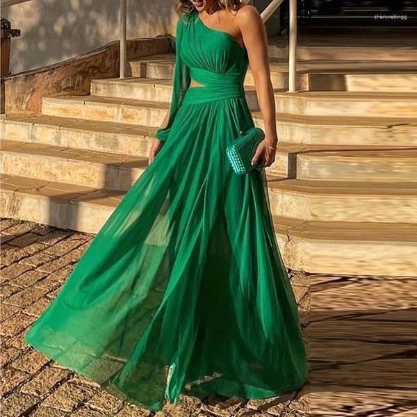 Vestidos casuales 2023 sexy cuello diagonal cintura alta vestido de malla moda un hombro manga hueco noche verde elegante sin respaldo largo