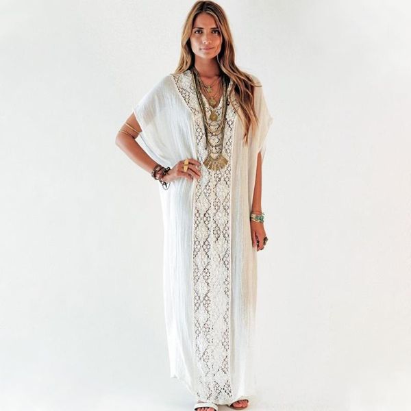 Vestidos casuales 2023 Sexy Hollow Out Lace Patchwork con cuello en V manga corta vestido de verano suelto túnica de algodón blanco mujeres Beach Wear Maxi N1158