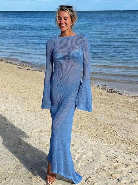 Robes décontractées 2023 Sexy transparent dos nu plage vacances Protection solaire robe femmes été tricoté à manches longues Maxi A2420