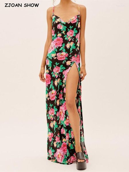 Vestidos casuales 2023 Sexy Summer V Neck Color Flower Print Sling Dress Holiday Cross Cordones en la espalda Backless Hem High Slit Party Robe BOHO