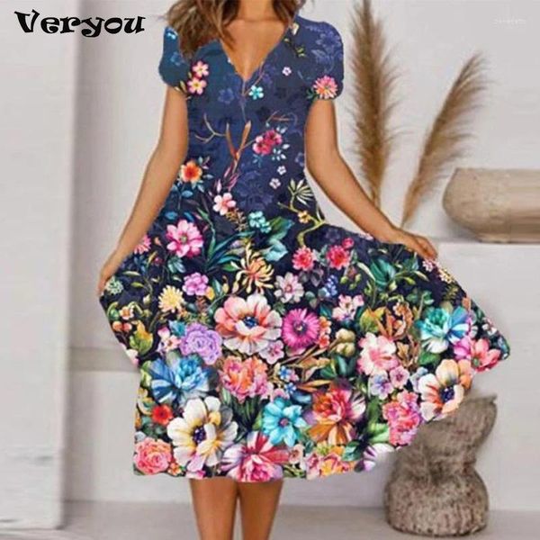 Vestidos casuales 2023 Vestido de manga corta Mujer Verano Estampado floral Irregular Largo Moda de mujer suelta Ropa de gran tamaño Streetwear