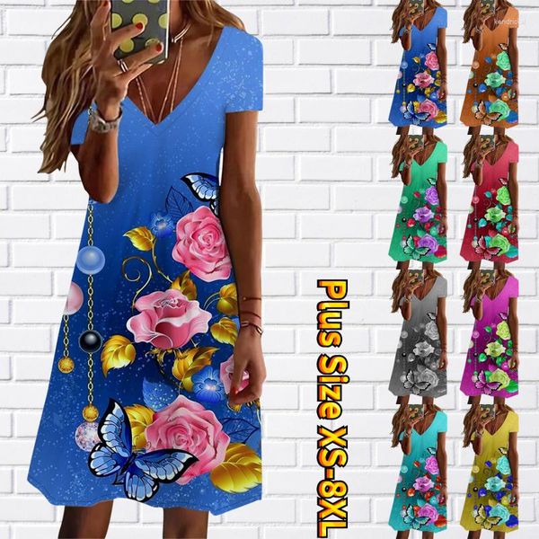 Vestidos casuales 2023 manga corta verano diseño de dibujo Slim Fit vestido de mujer cuello en V elegante impresión 3D pintura hasta la rodilla