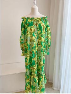 Robes décontractées 2023 Slash Collar Off The Shoulder Green Flower Print Women Loose Cotton Dress