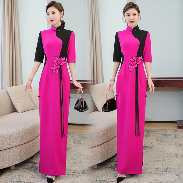 Vestidos casuales 2023 Empalme de gama alta Ropa de rendimiento elegante Largo Slim-Fit Cheongsam Runway Show Stage Body Ropa Mujeres